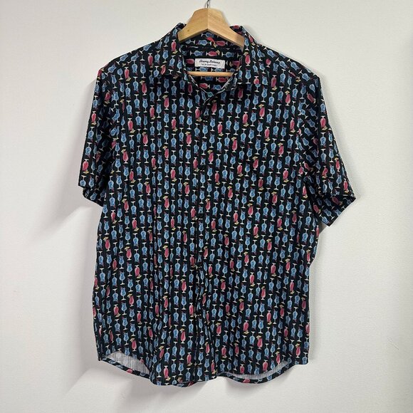 Tommy Bahama Button Up Shirt Cocktail Theme Hawaiian Black Men's Medium - Picture 1 of 6